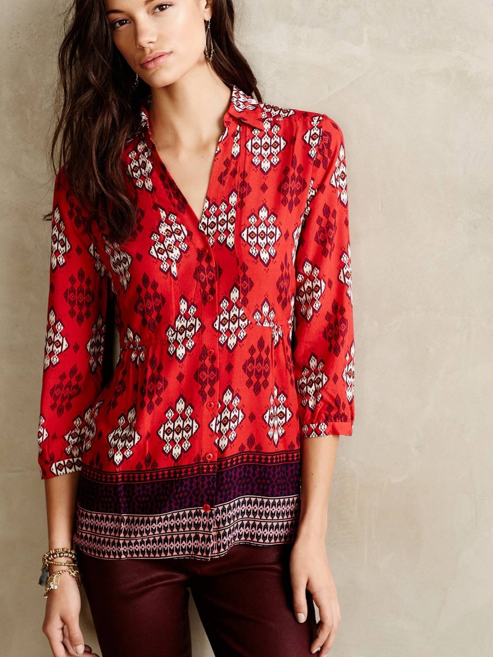 Anthropologie Maeve Woodland Walk Button Down Top, Size 6 - Boho, Eclectic